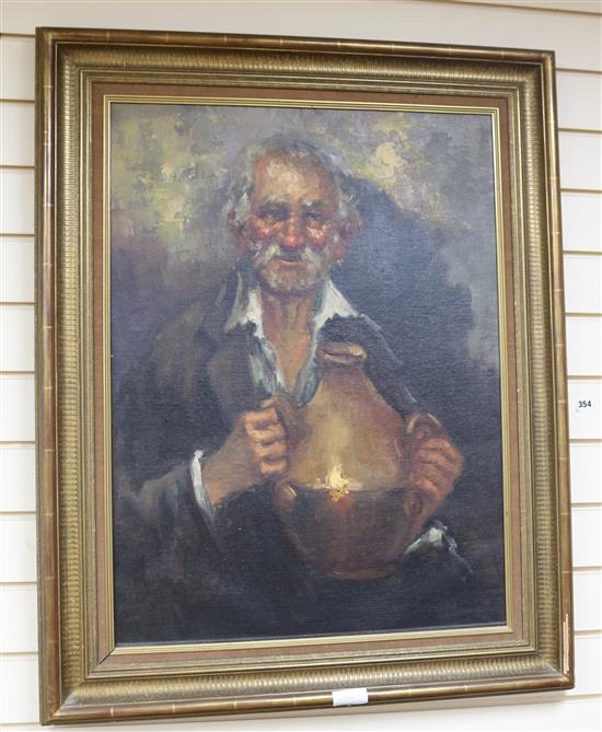 Continental School (20th century), oil on canvas, Portrait of an elderly toper holding a wine flagon, 78cm x 58cm
